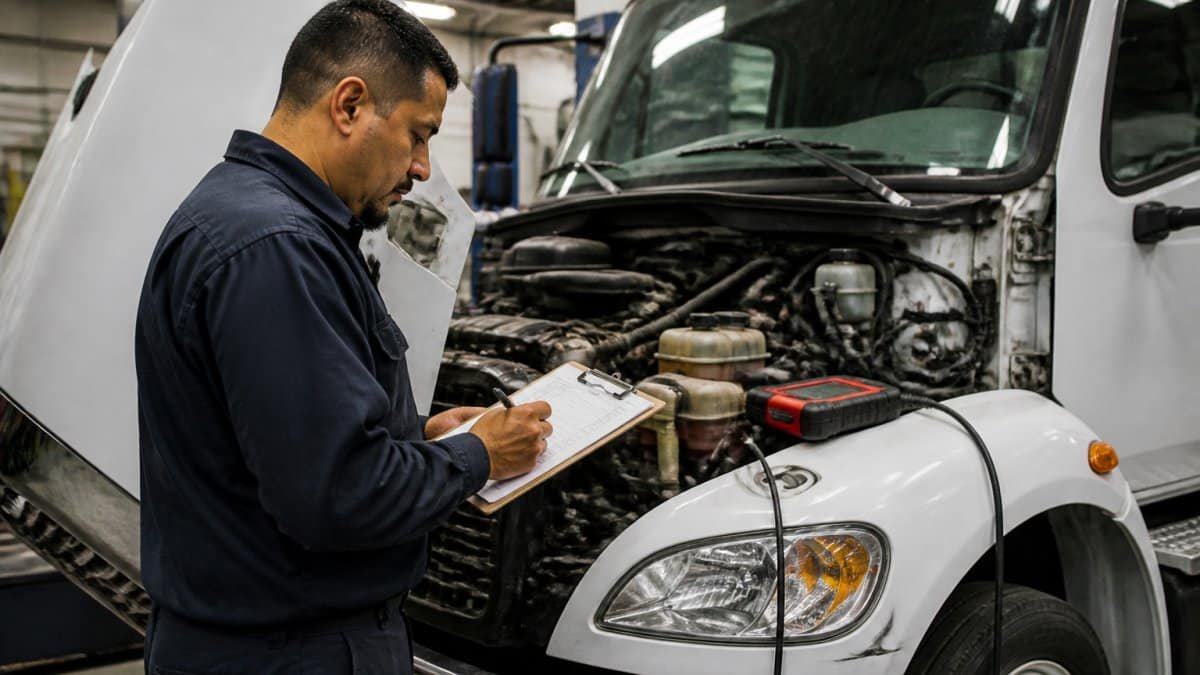 A mechanic in a shop uniform using a clipboard to inspect the engine bay of a white box truck, hood open, diagnostic tools resting on the fender, bright overhead shop lighting